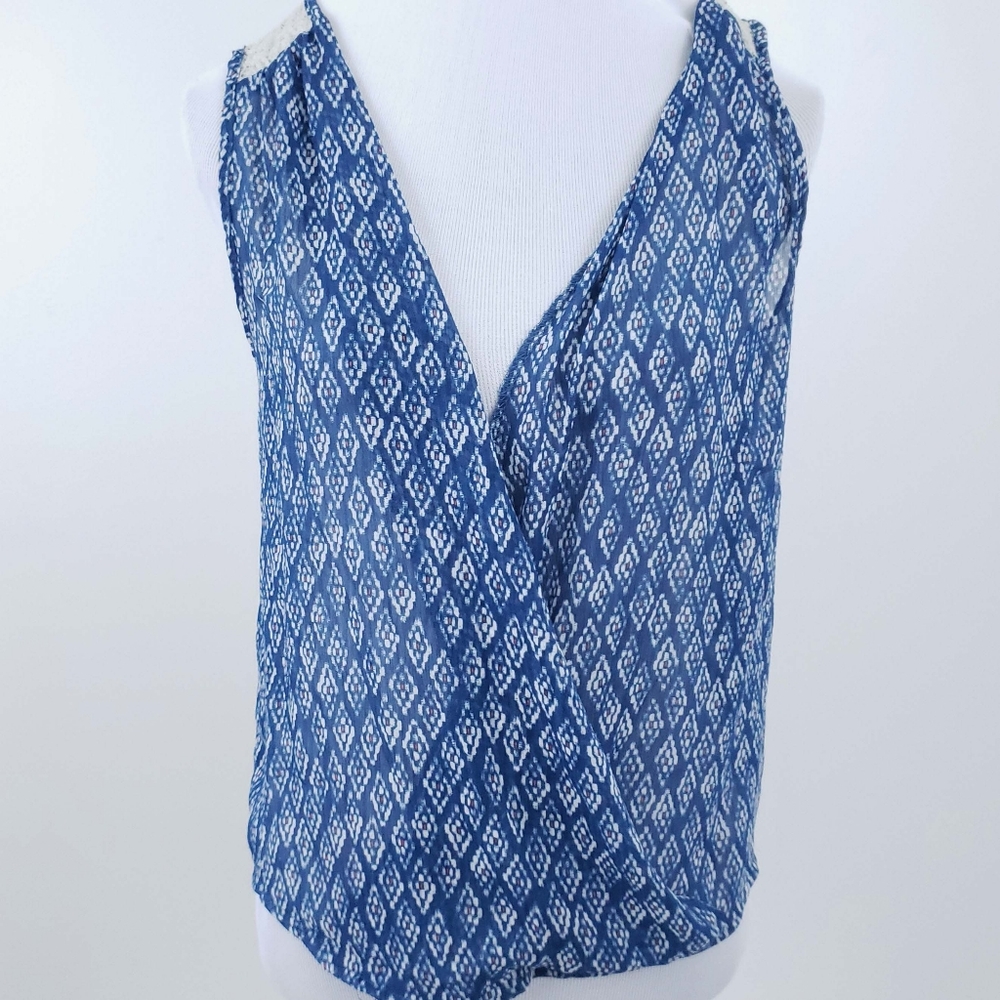 About a Girl Tank Ikat Blue Surplice Lace Small